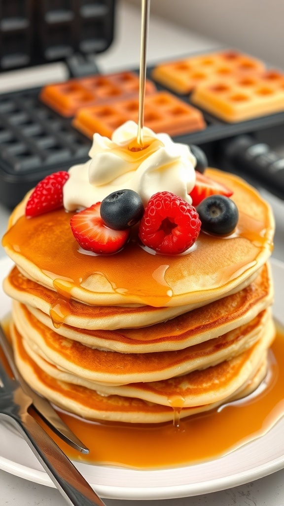 Homemade Pancake and Waffle Mix Recipe Fluffy pancakes with syrup and berries on a plate, with a waffle iron in the background.